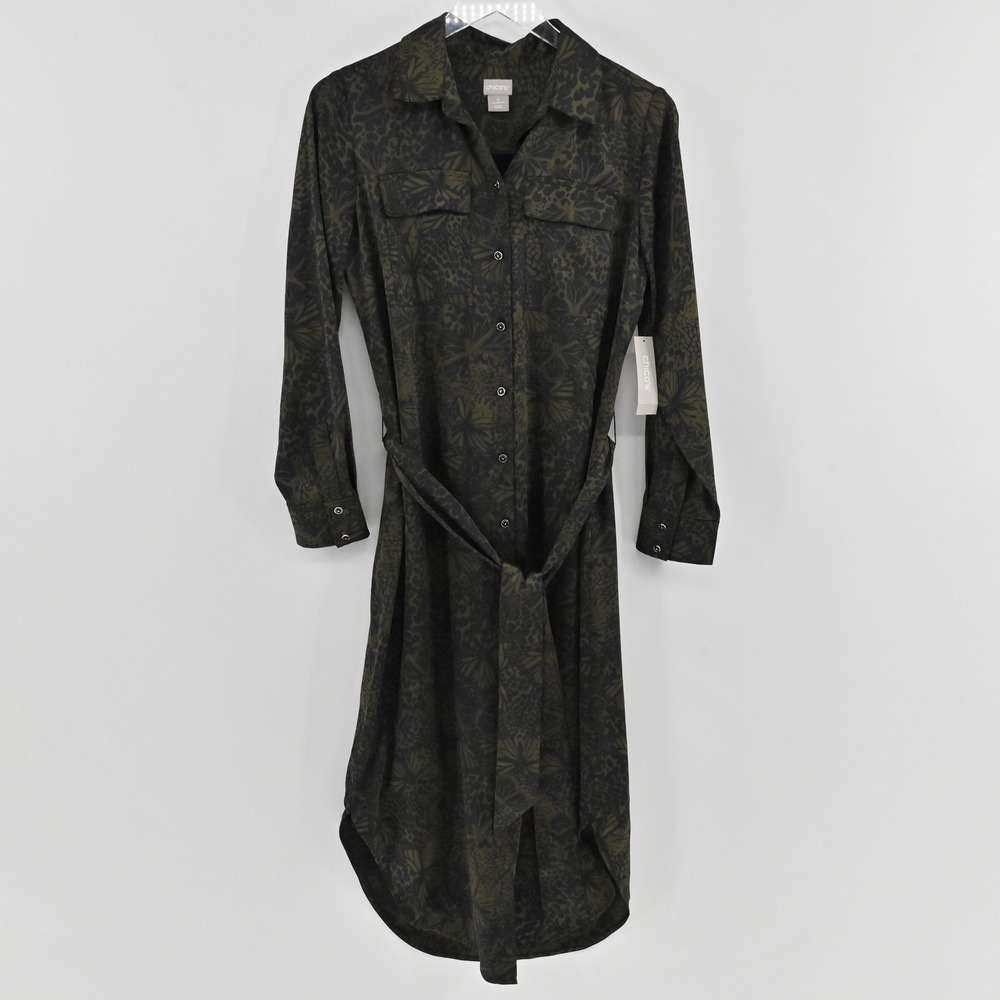Chicos Utility Shirt Dress Womens Size 4/6 Olive Butterfly Print Belted Midi
